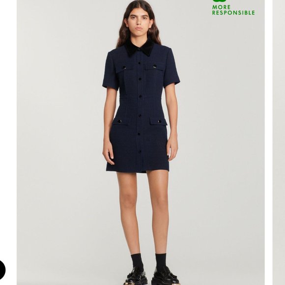 Sandro Italie Short Navy Blue Tweed Dress With Velvet Collar - Picture 2 of 8